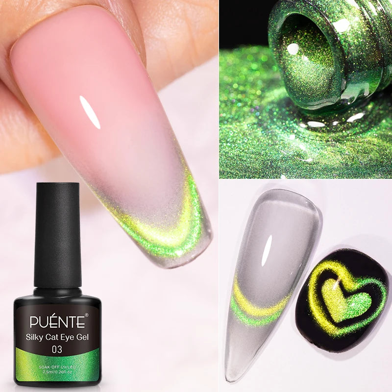 7.5ml bottle of green magnetic cat eye soak-off UV/LED gel polish shown with manicured nail samples.