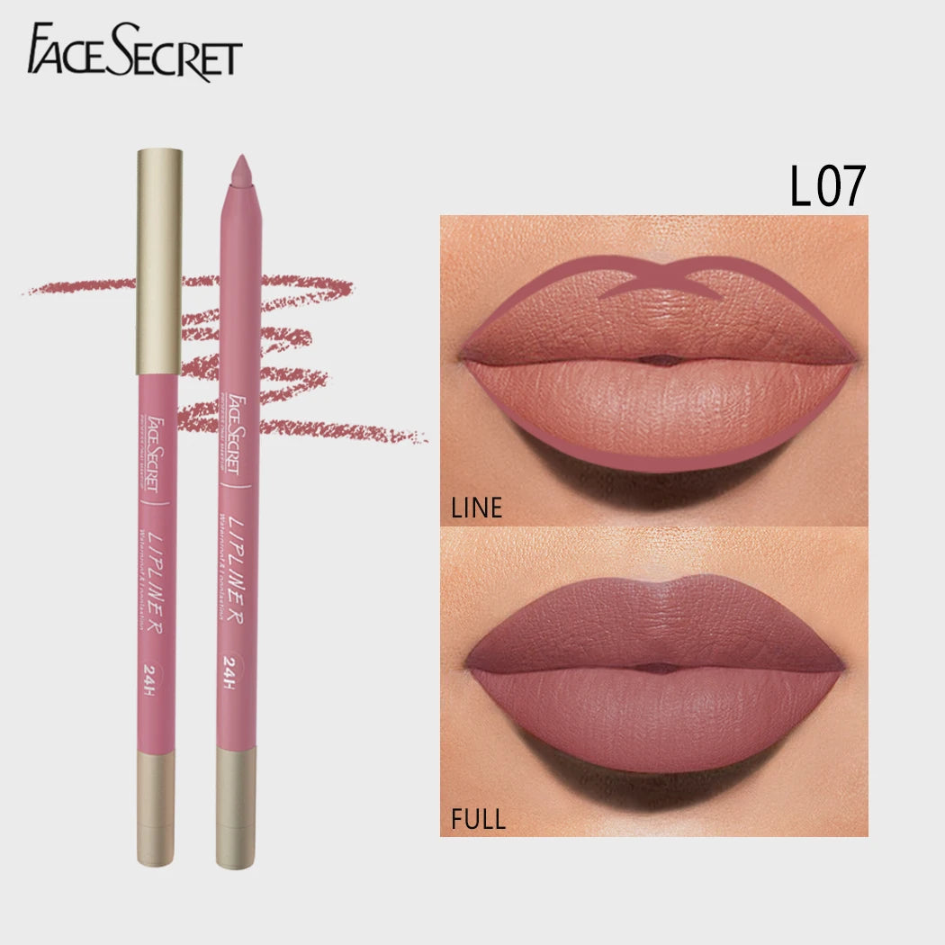Face Secret waterproof velvet matte lip liner in L07, showing swatch and full lip application for long-lasting color.