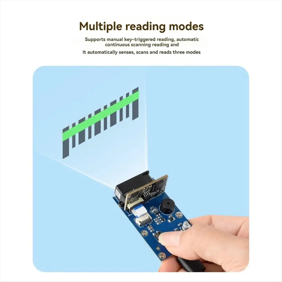 2D barcode scanner module held in hand, angled with aiming light