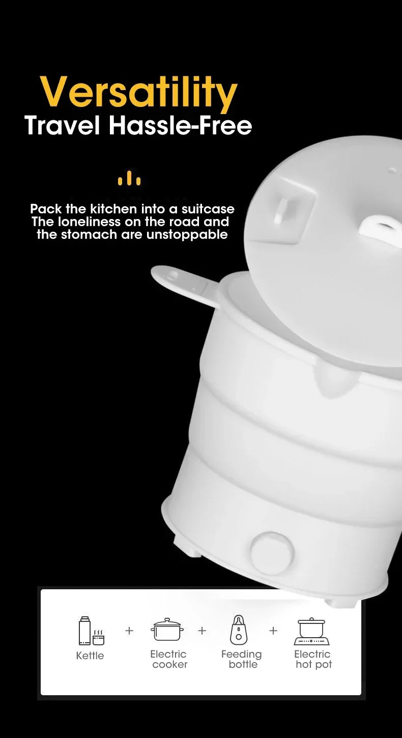 Foldable electric hot pot kettle, white silicone, lidded with side handles