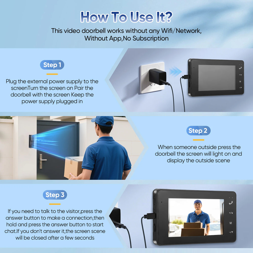 Wireless Doorbell with 1080P Camera Outdoor Waterproof Bluetooth Video Door Phone Video Intercom with 4.3'' Screen 170° Video