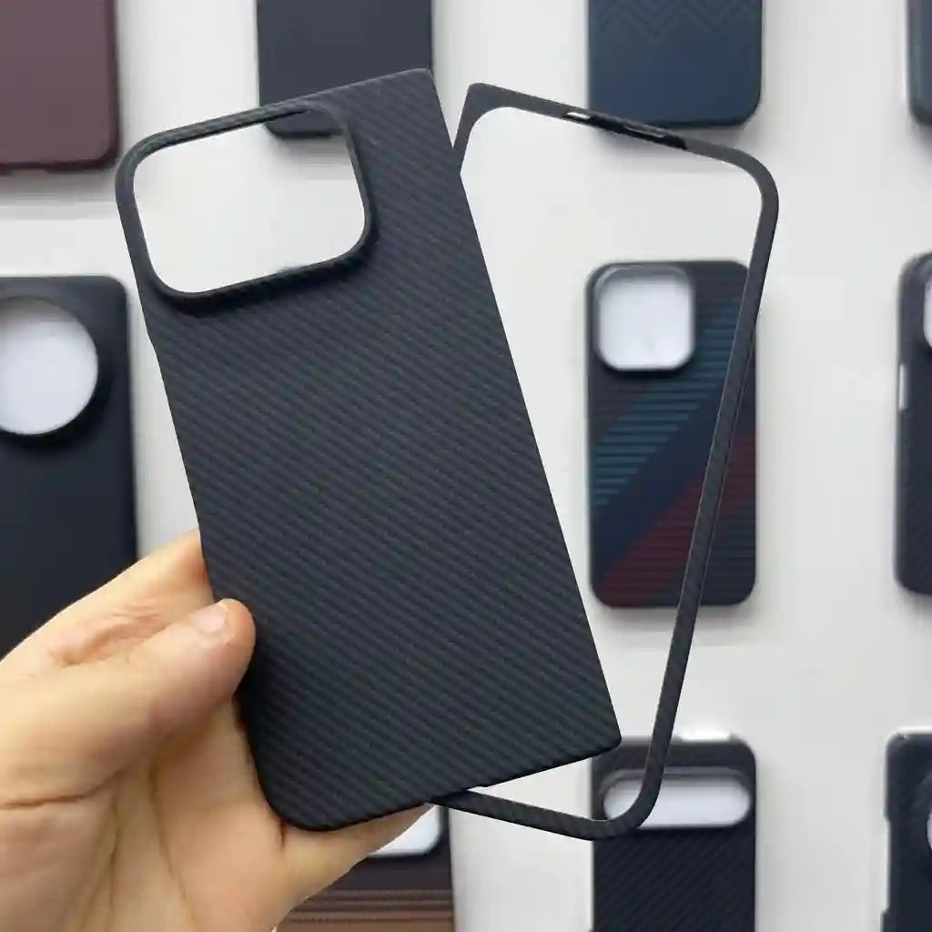 Black carbon fiber smartphone case with a textured diagonal pattern and precise cutouts for camera and buttons.