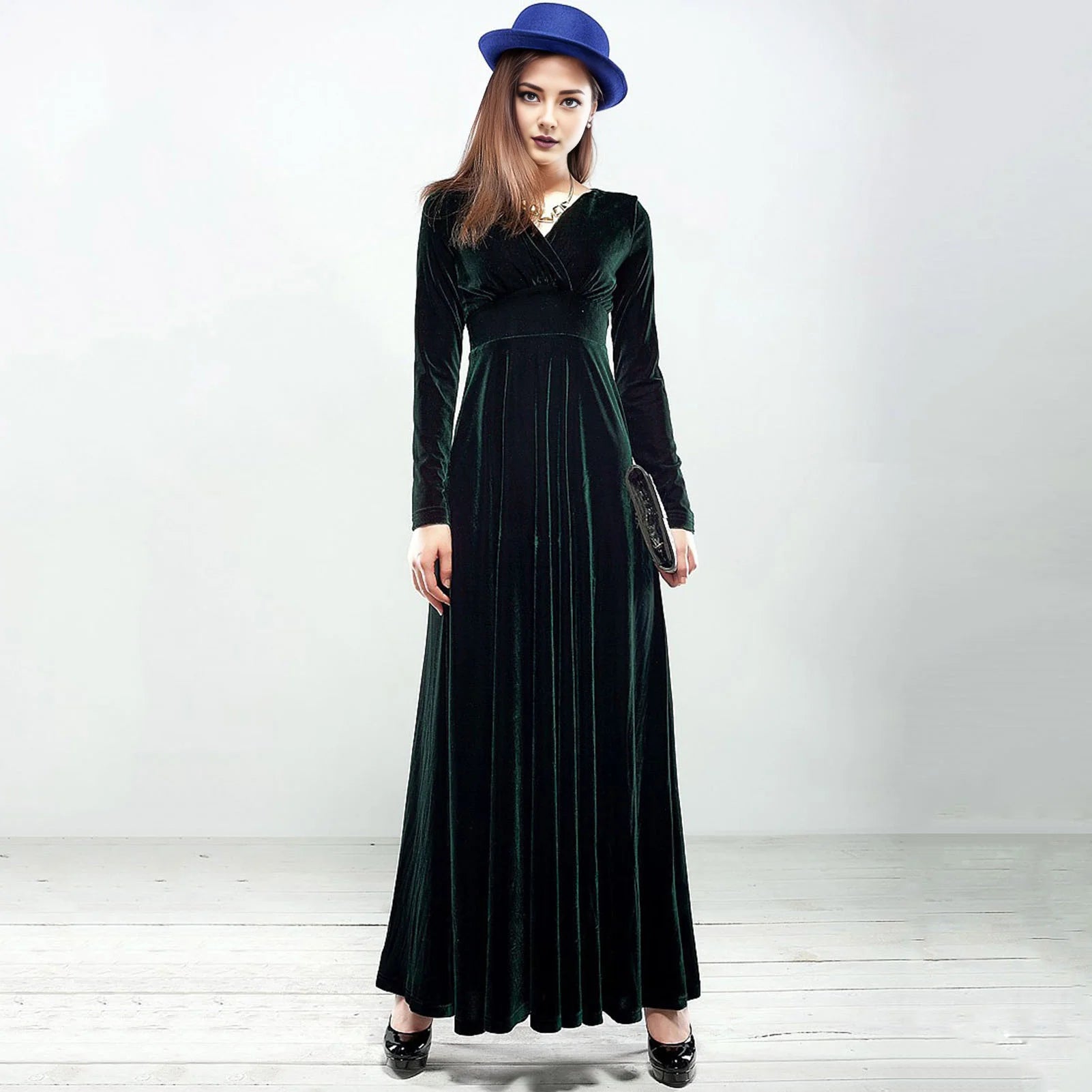 Vintage Women Autumn Long Sleeve V Neck Pleated Velvet Banquet Party Maxi Dress Party Wedding Elegant Evening dress 