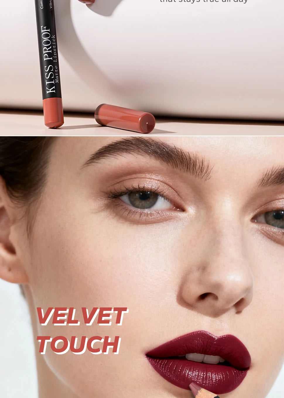 4-piece velvet matte nude brown lipstick set in wood pencil design, waterproof, long-lasting lip makeup application.