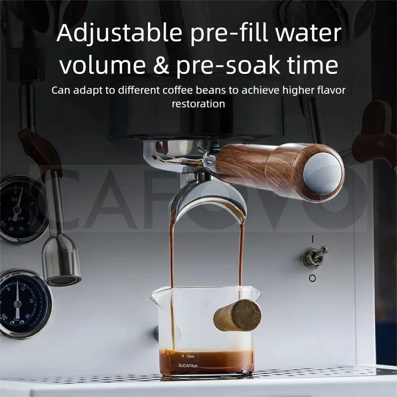 ICAFOVO espresso machine with chrome finish and wood handle, pulling a shot into a small glass measuring cup.