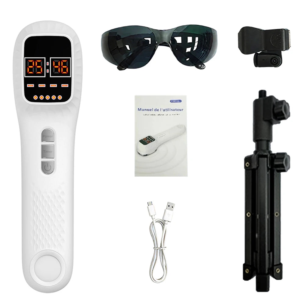 White LED light therapy device with glasses, user manual, charging cable, black tripod stand, and mounting clip.