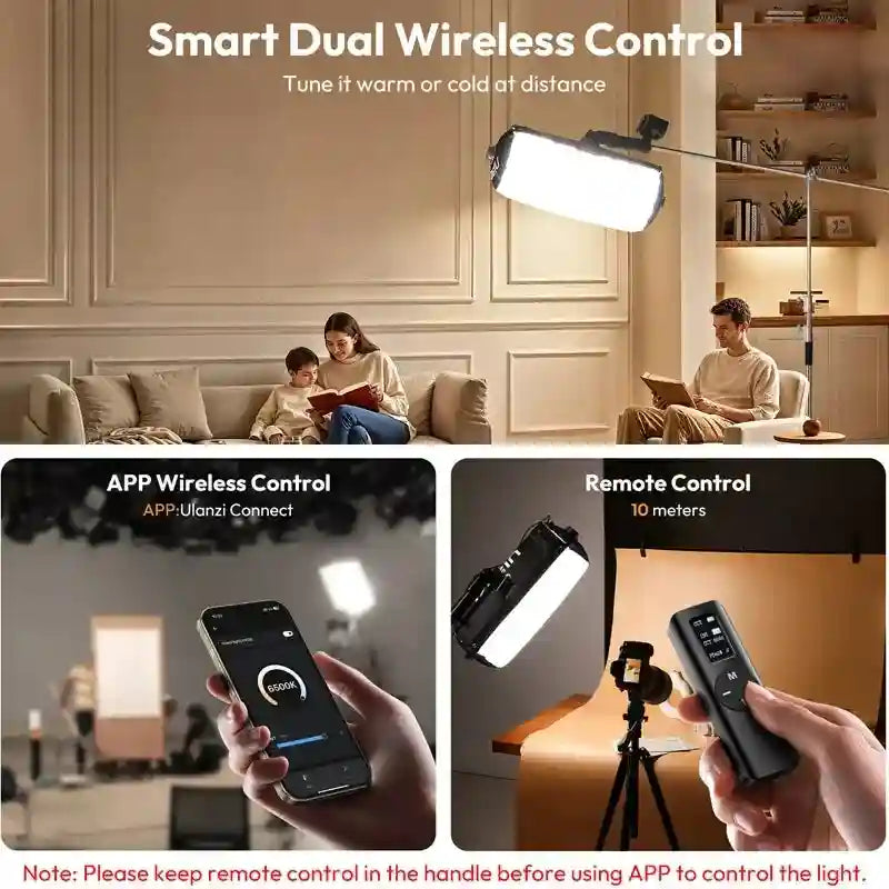 Rectangular LED video light with app and wireless remote control for adjustable color temperature and brightness.