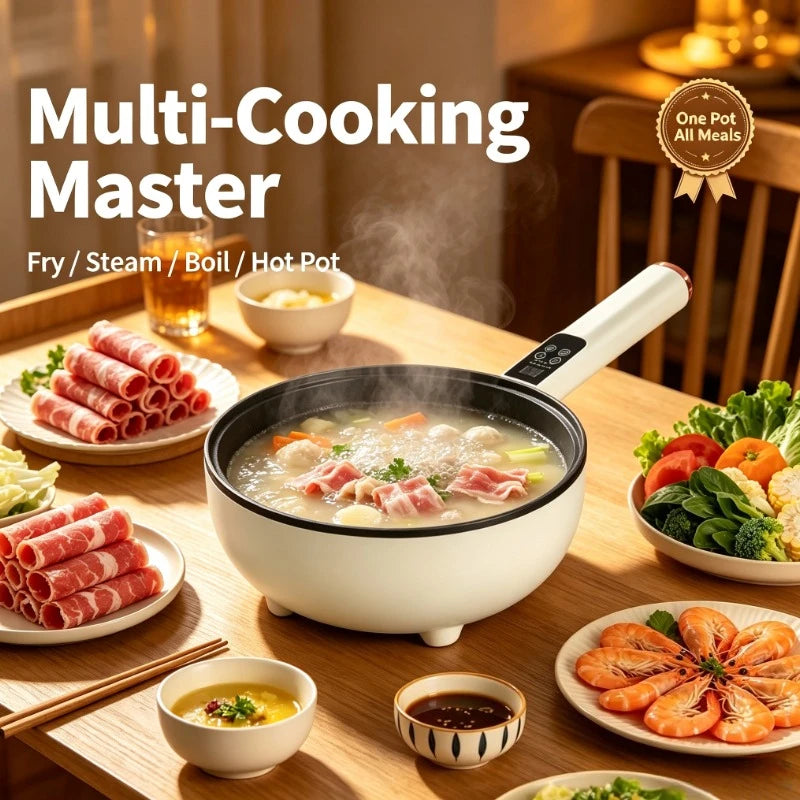 White multi-cooking electric pot with copper center heating, broth inside, serving dishes around