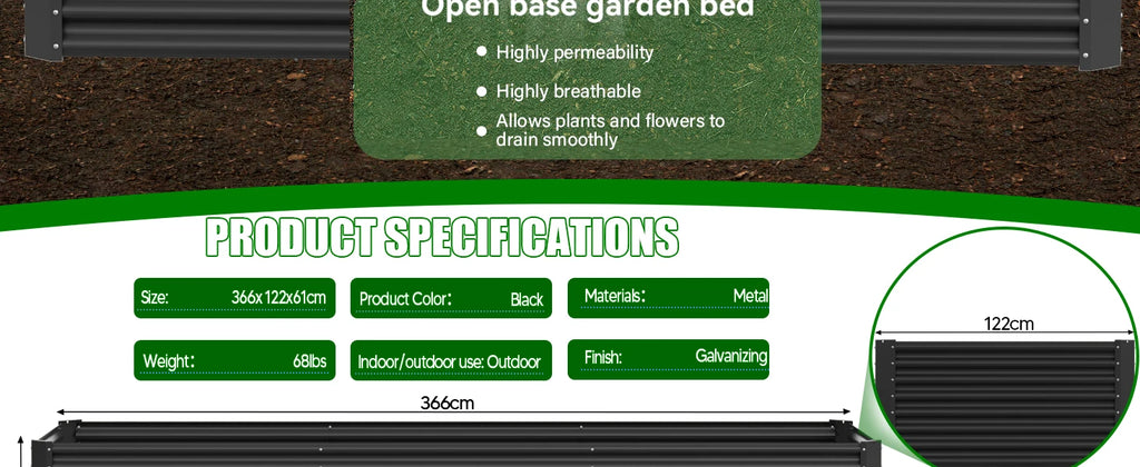 Galvanized metal raised vegetable tray, 240/gallons, open base, rustproof corrugated steel for vegetables, herbs and flowers, quick assembly in 10 minutes for outdoor gardening, patio and yard.