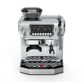 Polished chrome espresso machine with digital display, integrated grinder, steam wand, and drip tray on white background.