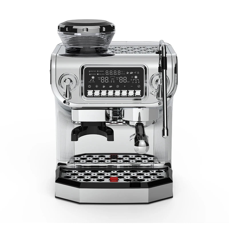 Polished chrome espresso machine with digital display, integrated grinder, steam wand, and drip tray on white background.