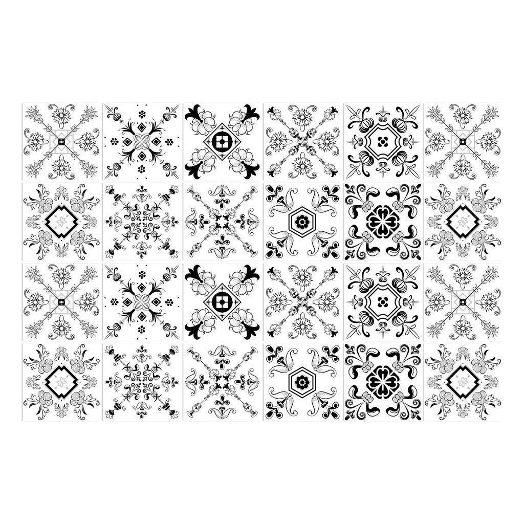 24 pcs/pack, Waterproof and Oil-proof, Easy To Clean, Black And White Simplicity Pattern Self-adhesive PVC Tile Stickers