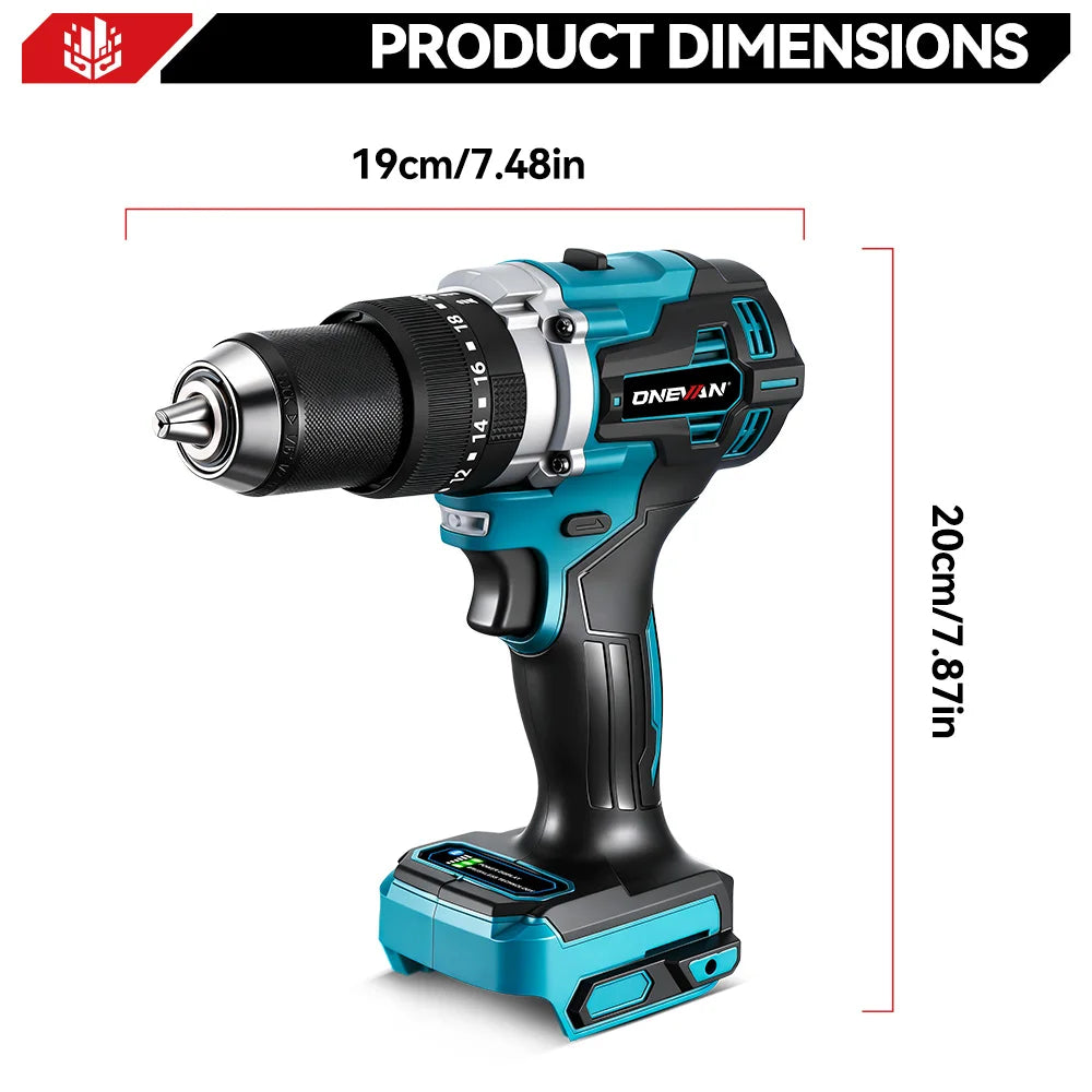 ONEVAN 13MM 650N.M Brushless Electric Impact Drill 20+3 Torque Electric Hammer Drill Power Tool For Makita 18V Battery Pin