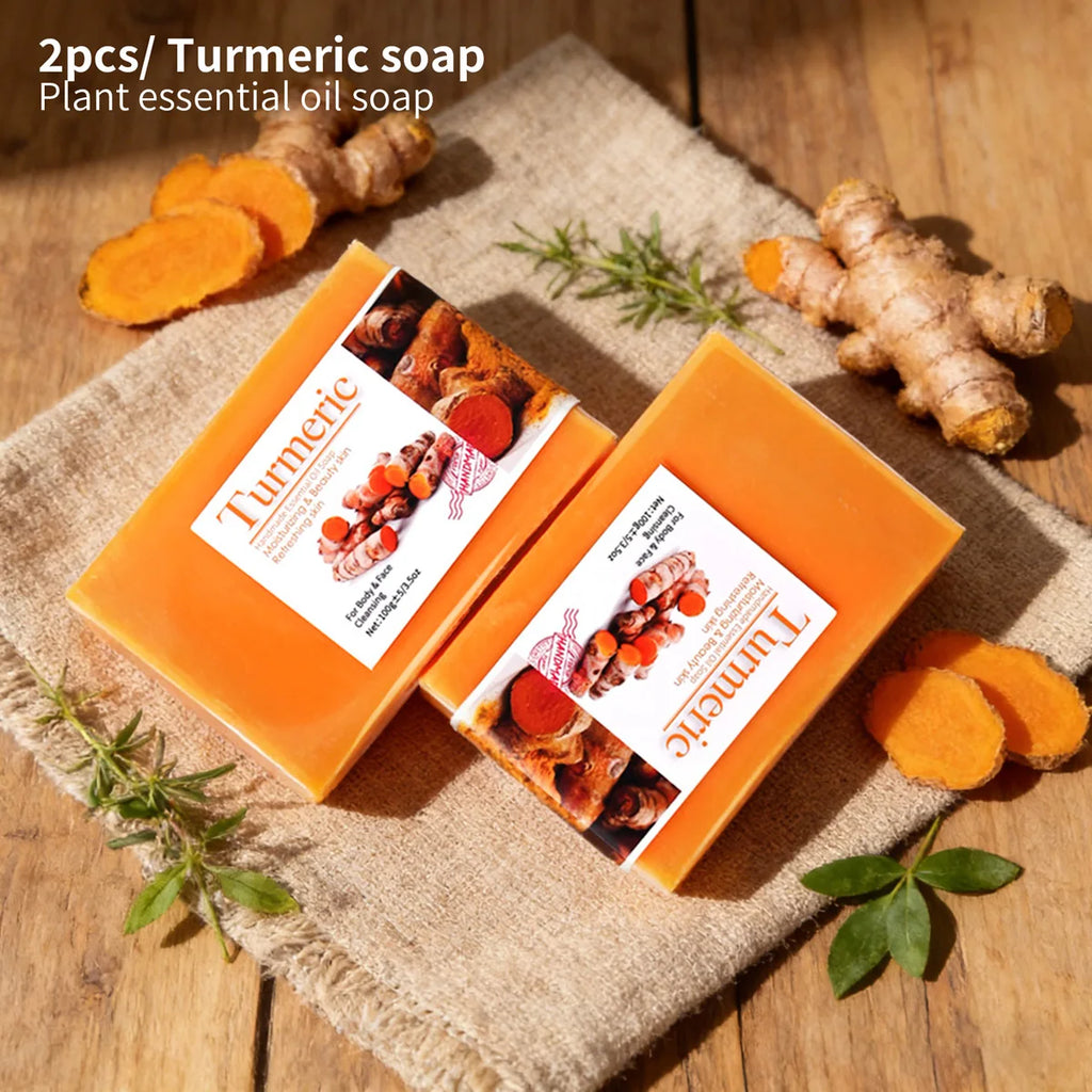 2Pcs 100% Natural Organic Tumeric Skin Whitening Anti Acne Handmade Skin Care Face Body Turmeric Bar Soap