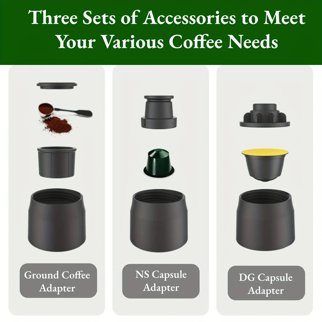 Black multi-adapter set for coffee makers featuring ground coffee, Nespresso, and Dolce Gusto capsule accessories.