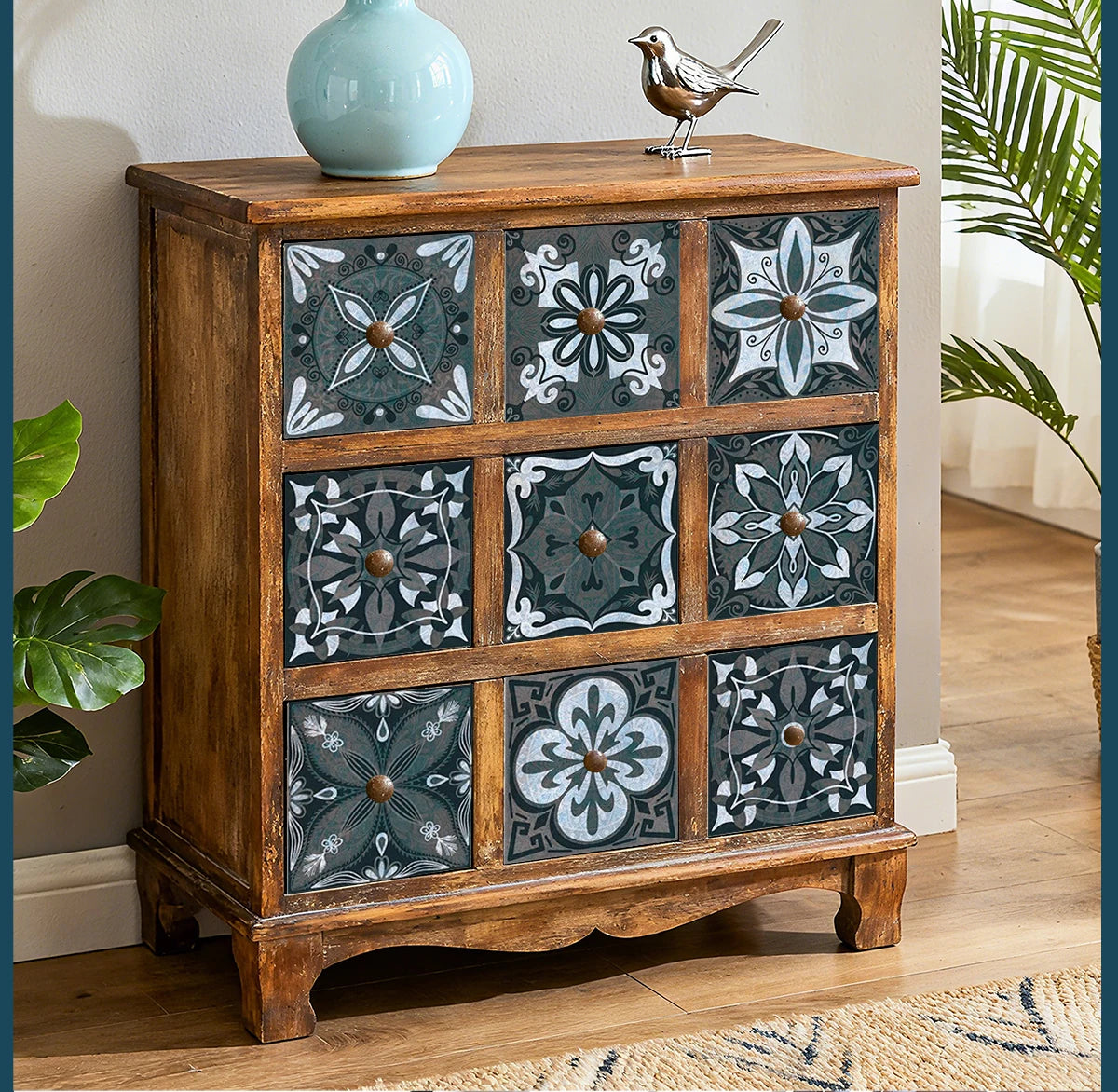 Neutral Boho Floral Tile Stickers Self Adhesive Glossy PVC Waterproof Decals Kitchen Bath Cabinet Backsplash Wall Home Deco