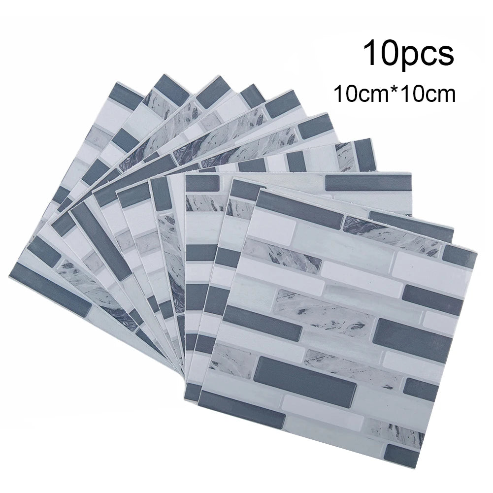 Set of 10 self-adhesive 3D mosaic tile wall stickers, gray and white brick pattern.