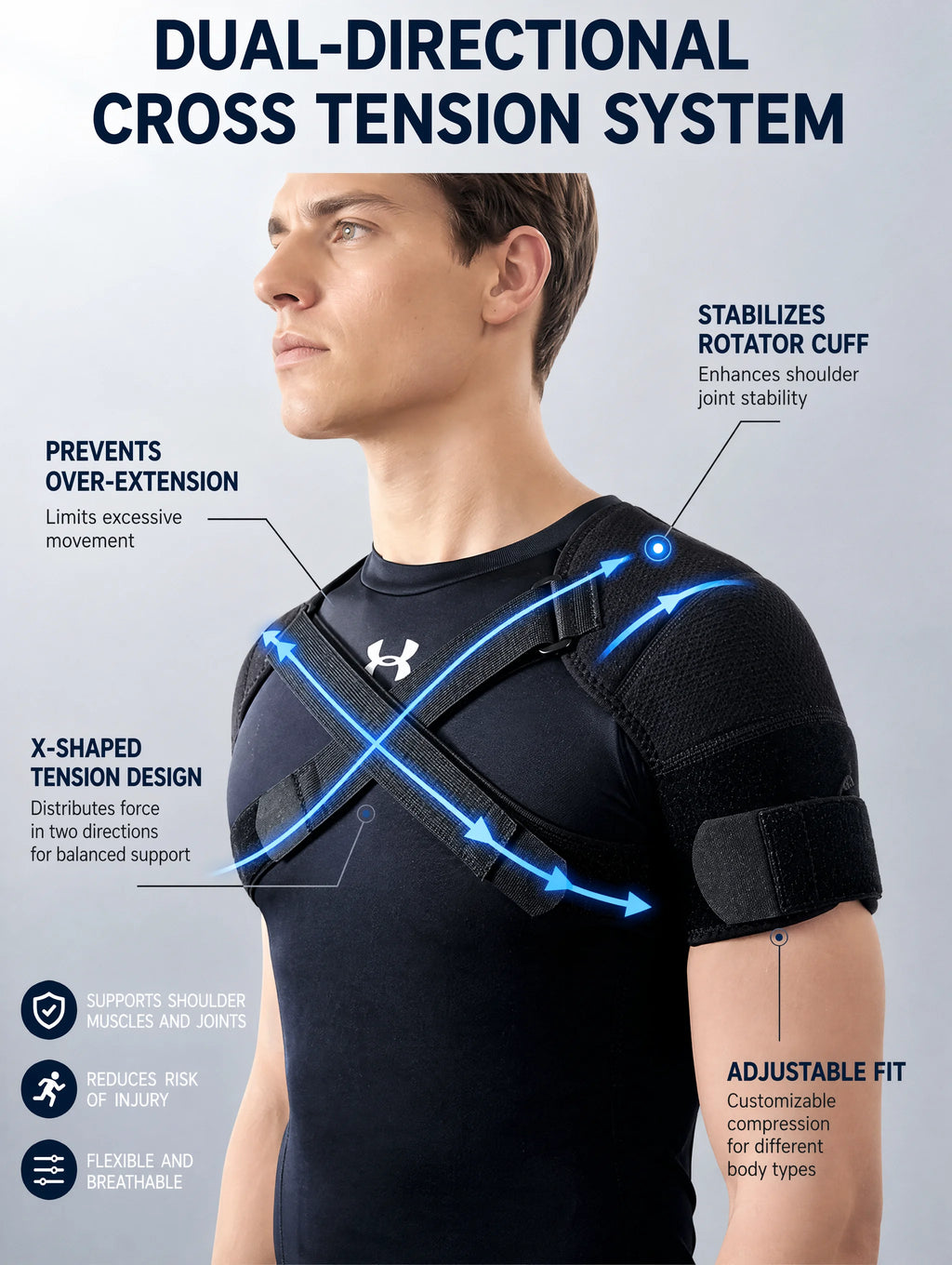 Double Shoulder Brace Adjustable Breathable Neoprene Compression Support Cross Strap for Men Women Sports Injury Pain Relief