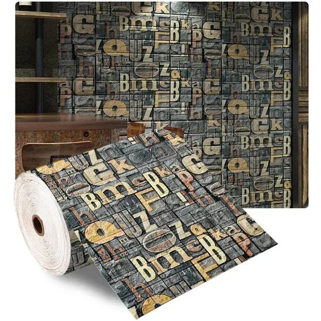 3D self-adhesive dark brick wallpaper roll with repeating multicolor block letters