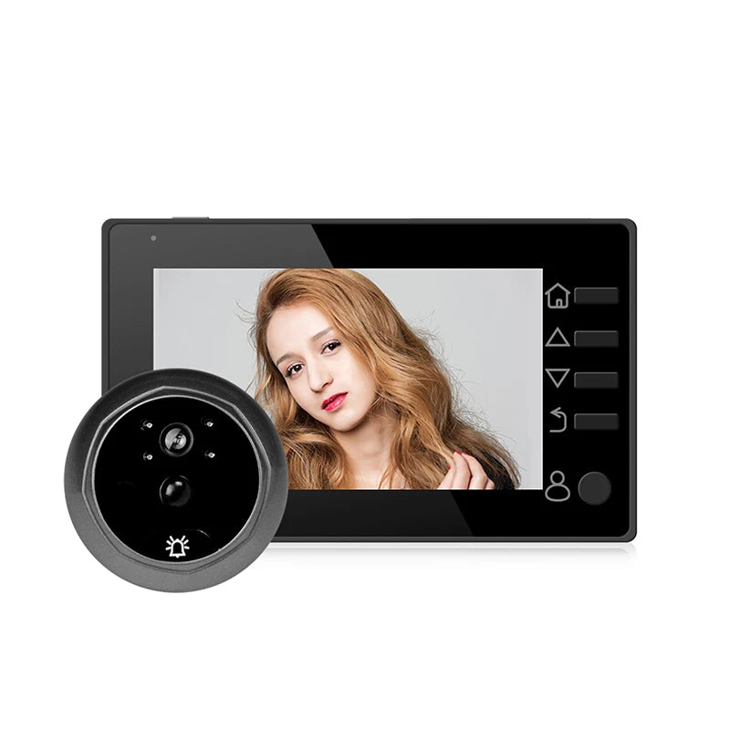 Black visual peephole video doorbell with front screen display and circular camera