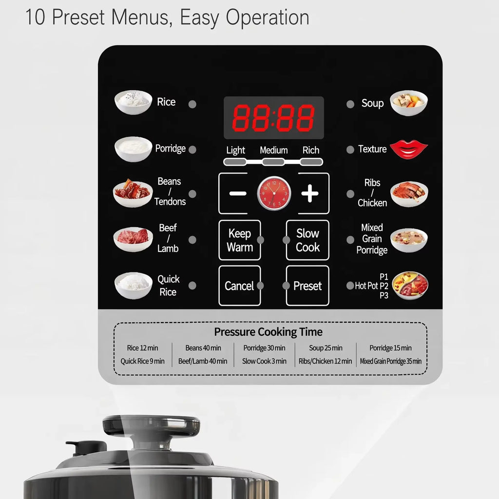 Control panel view with preset menu labels and digital 88:88 display