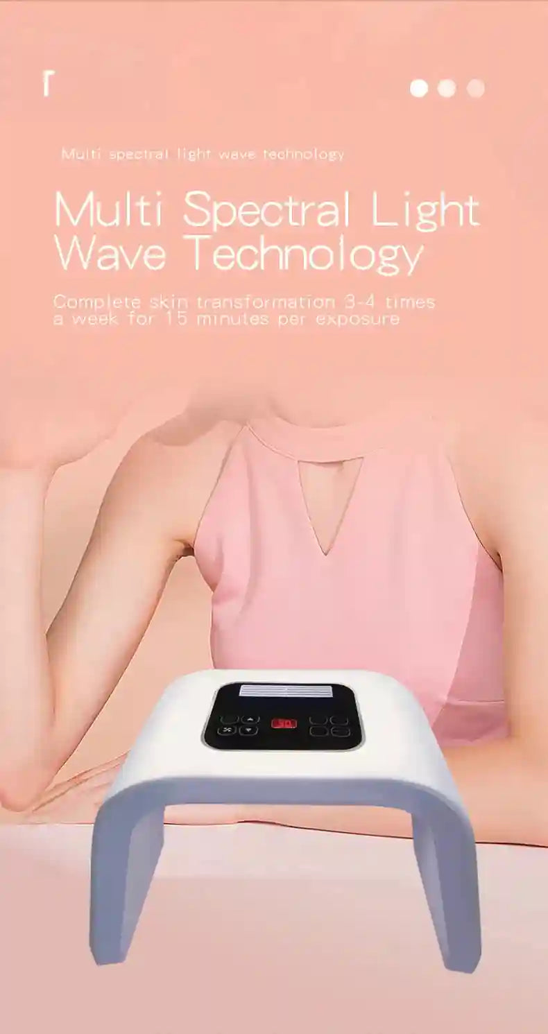 White LED facial light therapy device with a digital control panel, shown against a soft pink background.