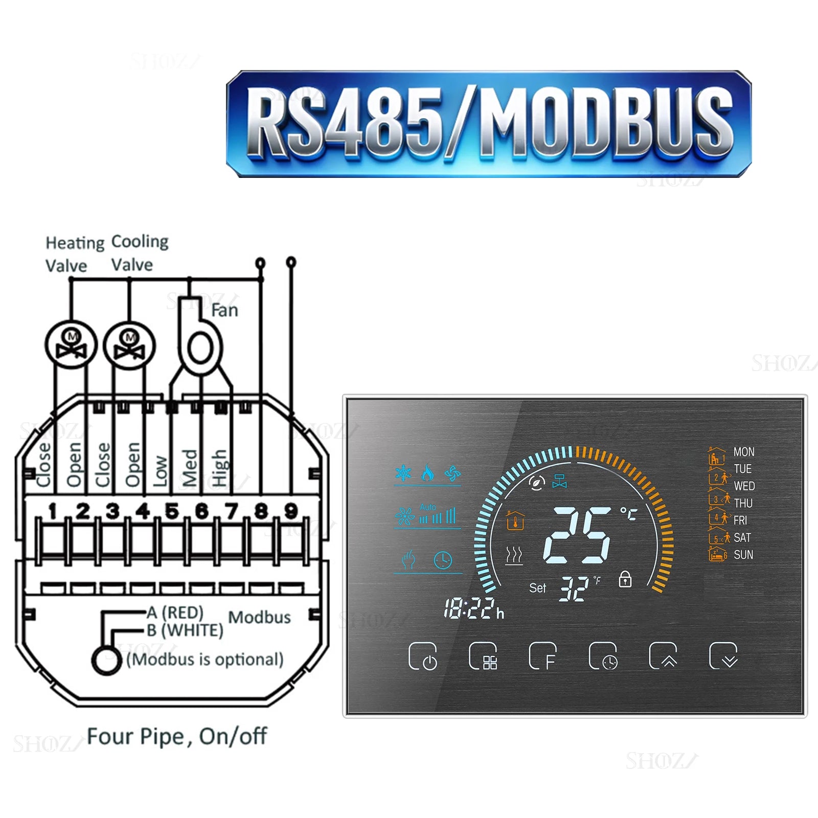 Wifi/RS485/Zigbee Thermostat Air Conditioning 3 Fan Coil Unit Home Cooling/Heating 2/4 Pipe Temperature Controller with Alexa