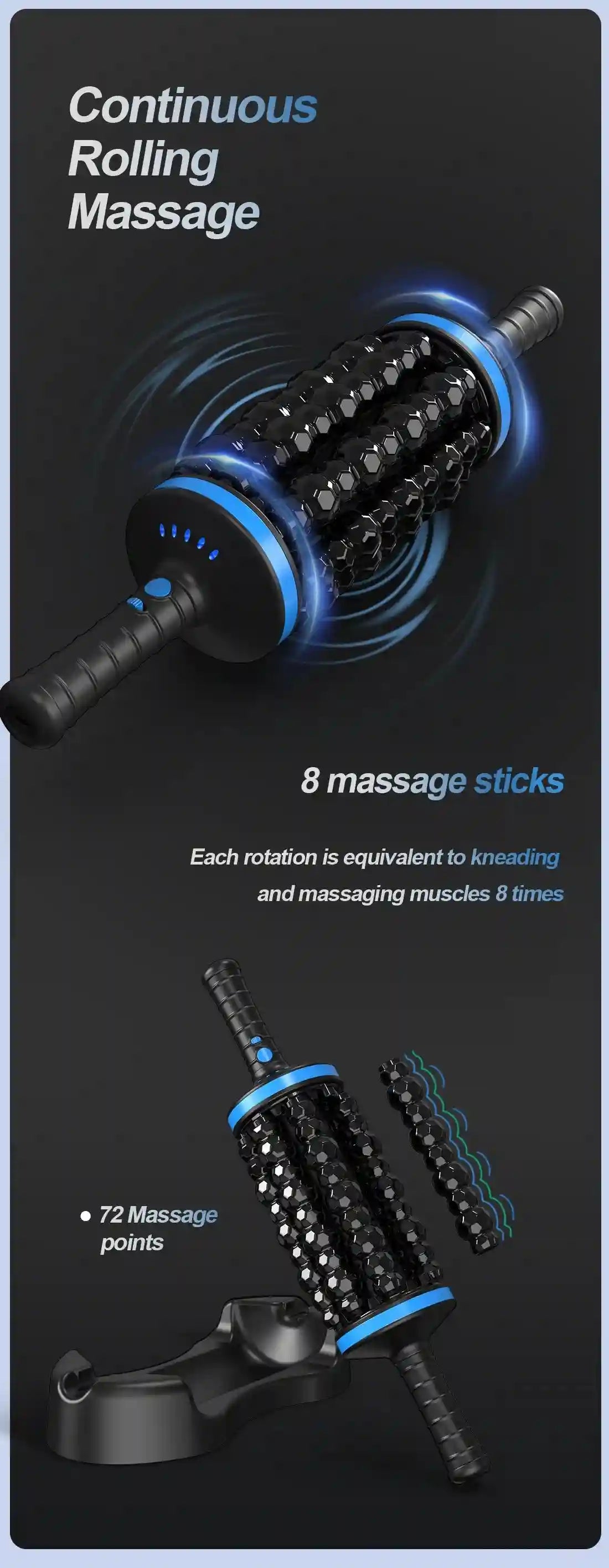 Black and blue cordless muscle massager with 8 textured rotating rollers and 72 massage points, shown with a stand.