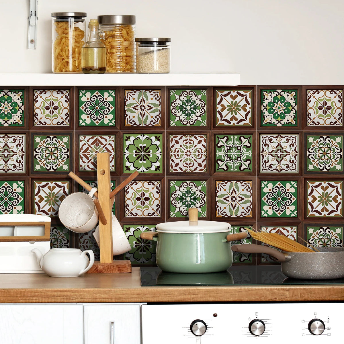 Green, brown, and cream botanical tile-style wallpaper with repeating square motifs