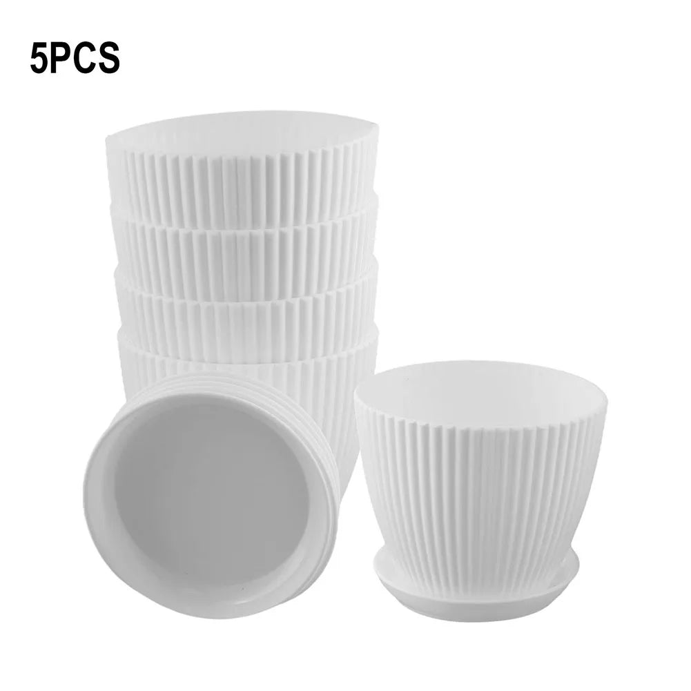 5 Pcs Modern Resin Planters 6 Inch Drainage Hole Flower Pots With Saucers Vertical Stripe Design For Houseplant Garden