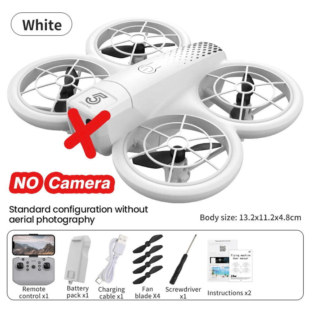 Small white quadcopter drone with protective prop guards, remote control, battery, and accessories. No camera included.