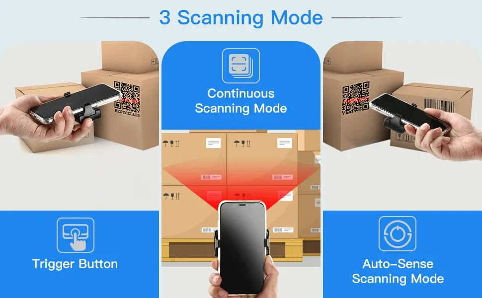 Back clip barcode scanner with trigger and auto-sense continuous scanning modes