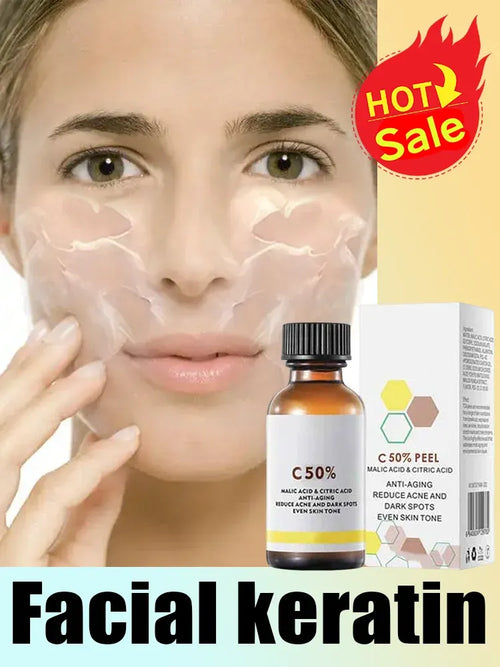 Facial peeling serum bottle with amber glass and black cap, shown beside skin cream mask