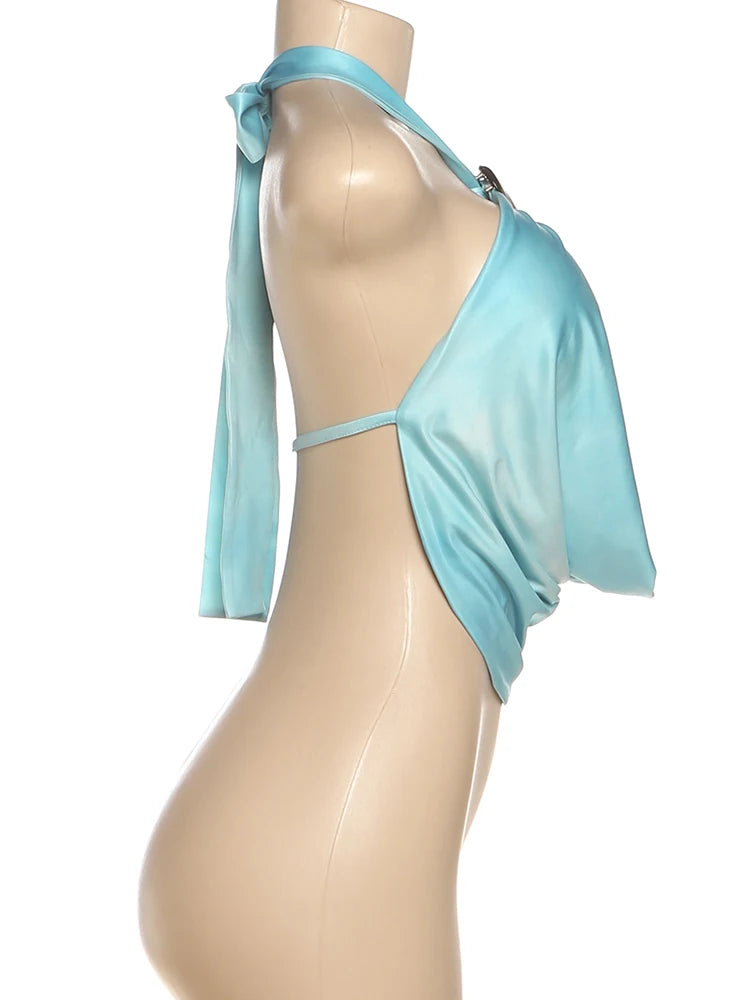 Whatiwear Metal Seashell Decoration Tank Tops Women Bandage Halter Swing Collar Backless Summer Holiday Beach Style Ruched Vests