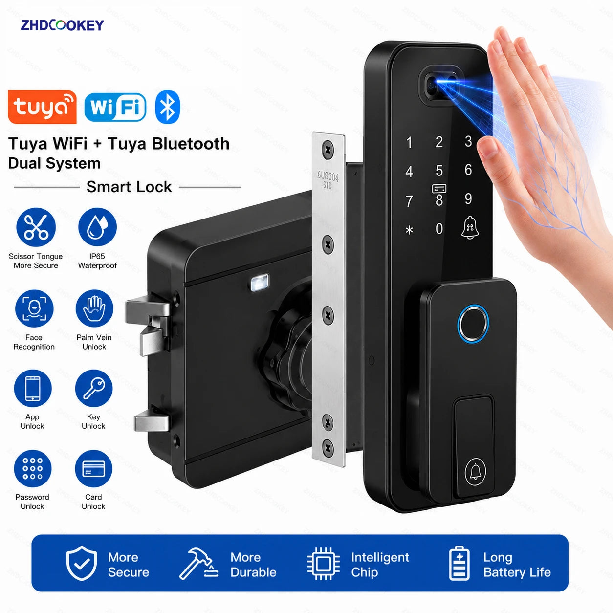 Smart Tuya WiFi APP Bluetooth Door Lock with Palm Vein Face Recognition Doorbell Waterproof Scissor Tongue Rim Locks No Drilling