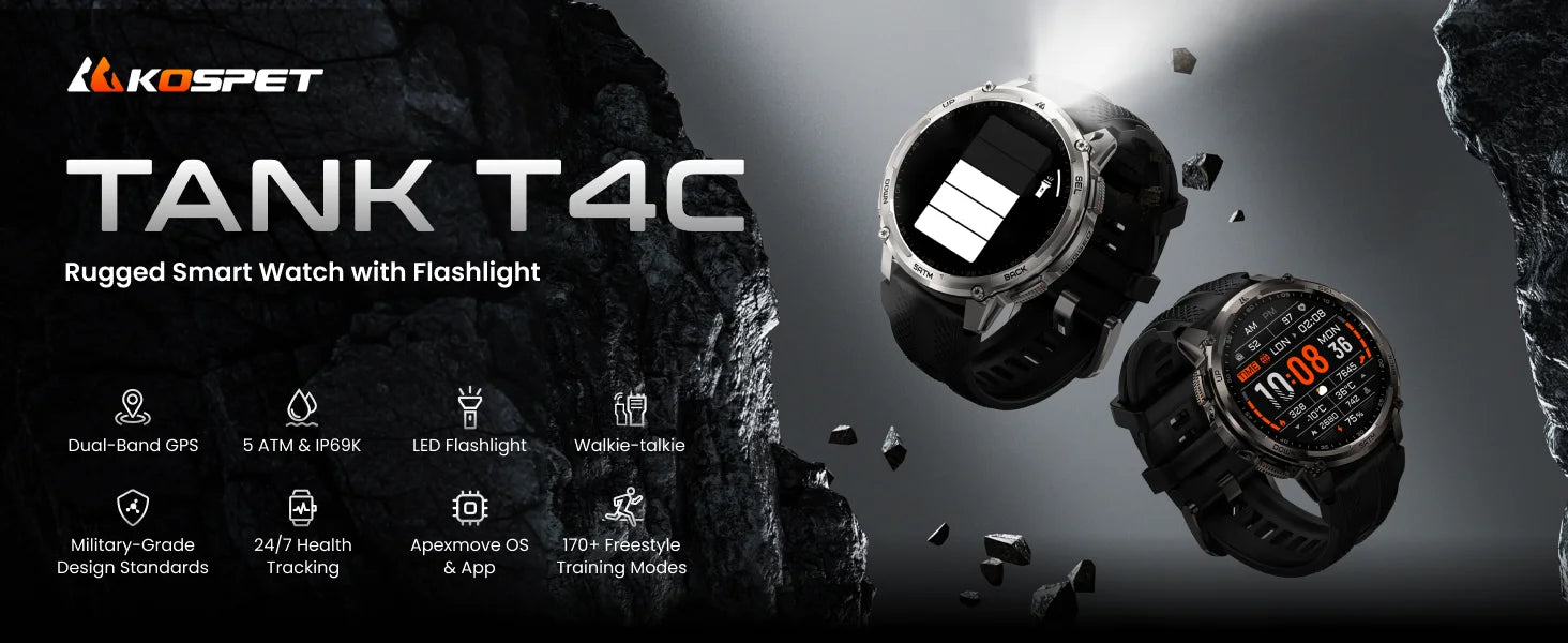 KOSPET TANK T4C Smartwatch Men’s Outdoor Rugged Watch with Flashlight Dual‑Band GPS 50M Waterproof Fitness & Health Tracker