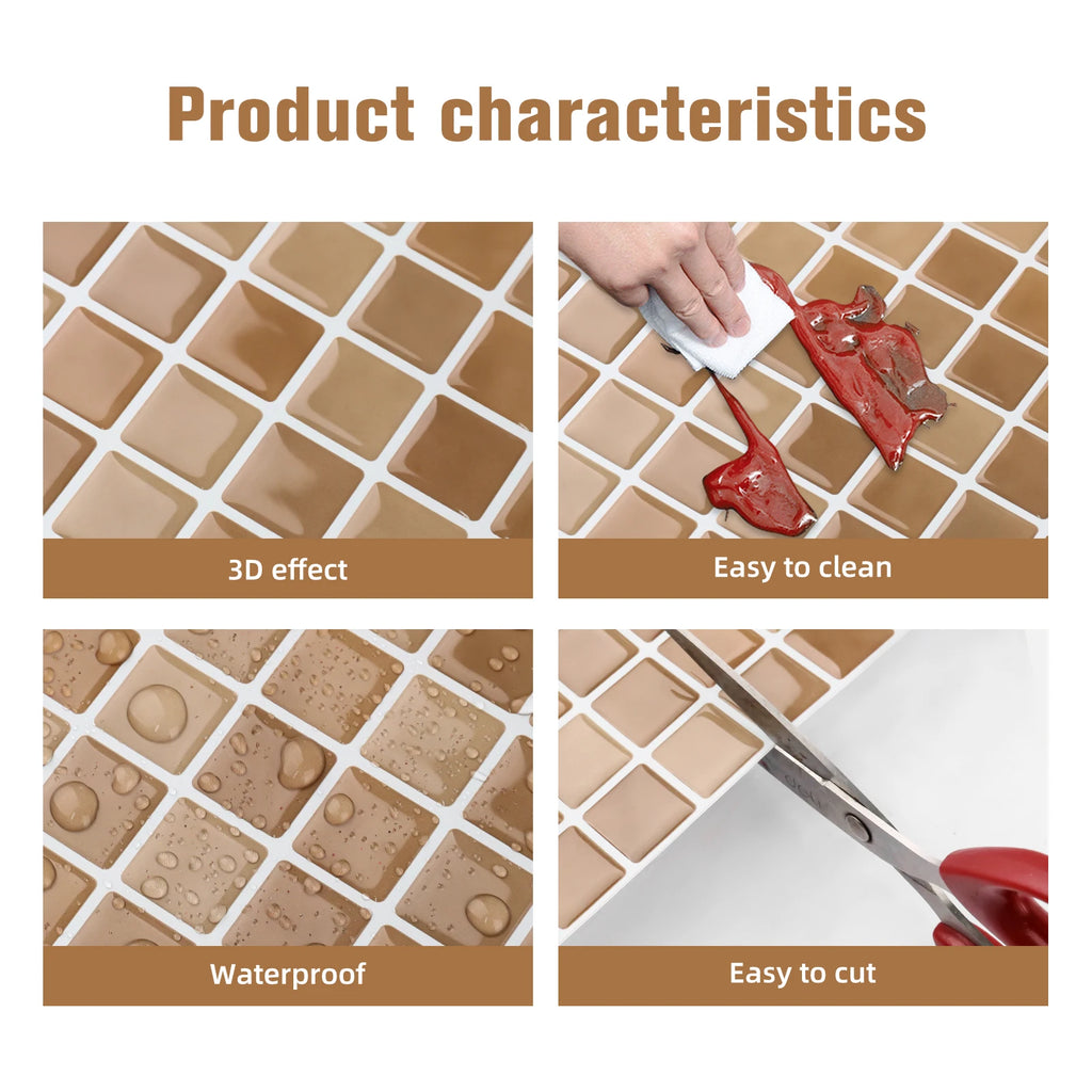 10pcs Peel & Stick 3D Wall Tile Sticker Kitchen Bathroom Square Wallpaper Mosaic Wall Panel Sticker for Quick Home Renovation