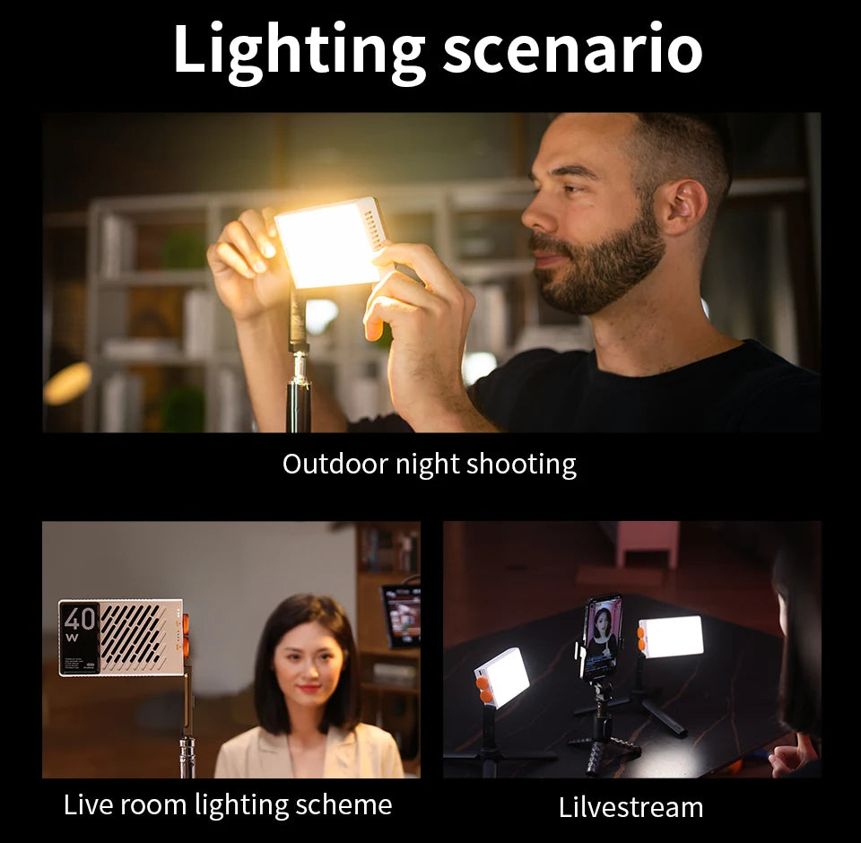 Portable rectangular 40W LED light panel with orange dials, used for photography, video lighting, and livestreaming.