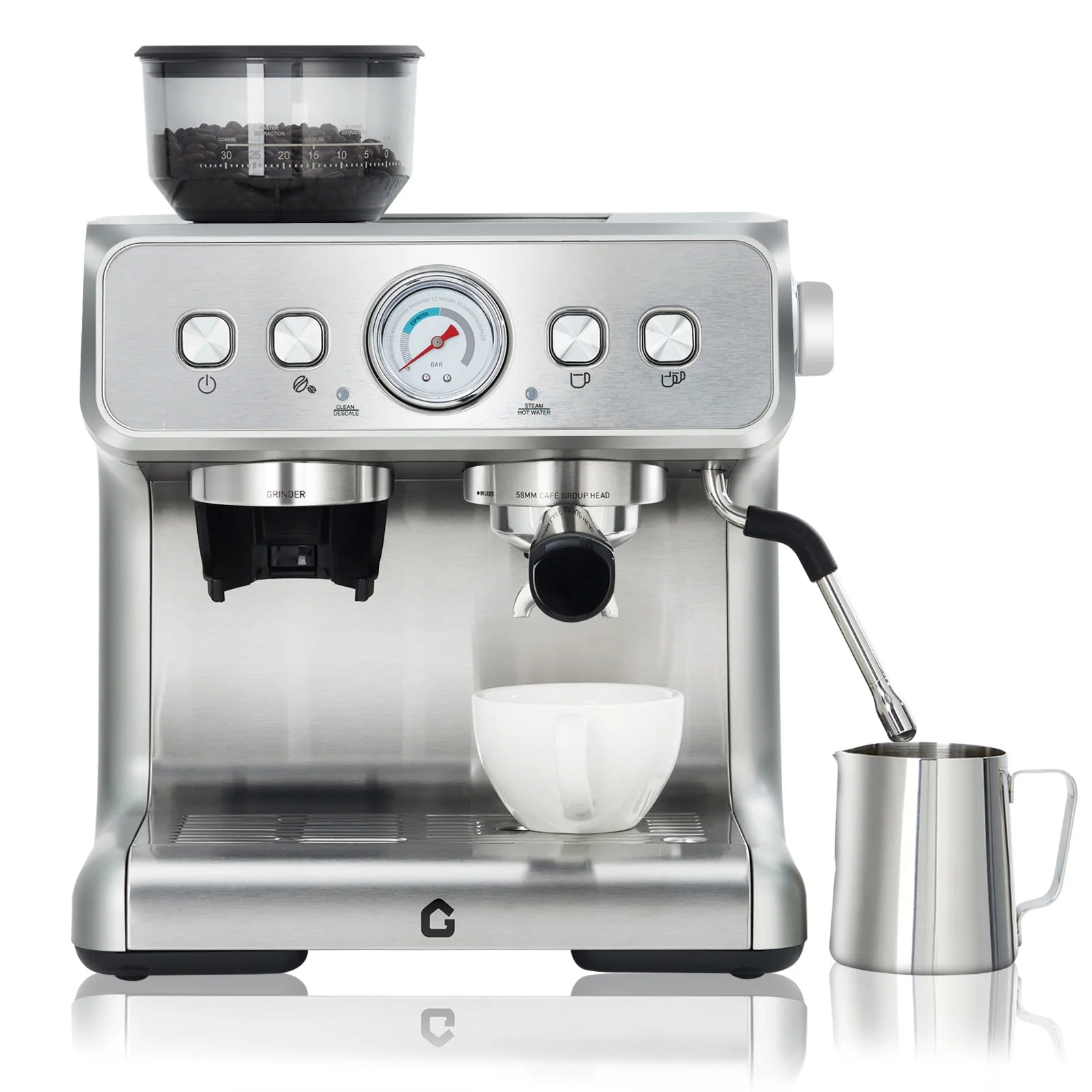 Gevi stainless steel espresso machine with integrated grinder, pressure gauge, and milk frothing pitcher.