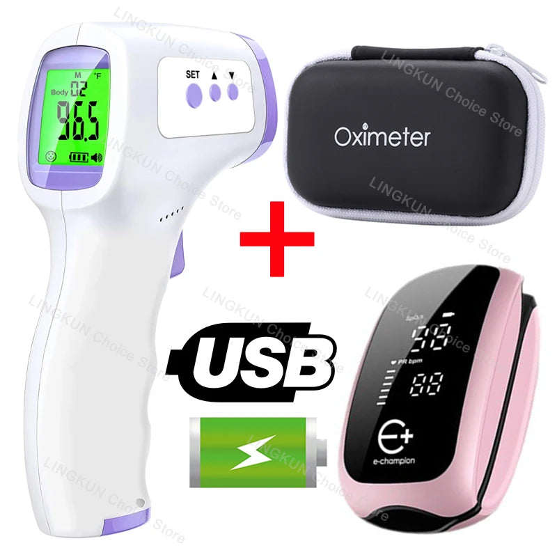 Medcial Forehead Thermometer Fingertip Pulse Oximeter Monitor Blood Oxygen Saturation Meter Pulse Oximeter USB Rechargeale