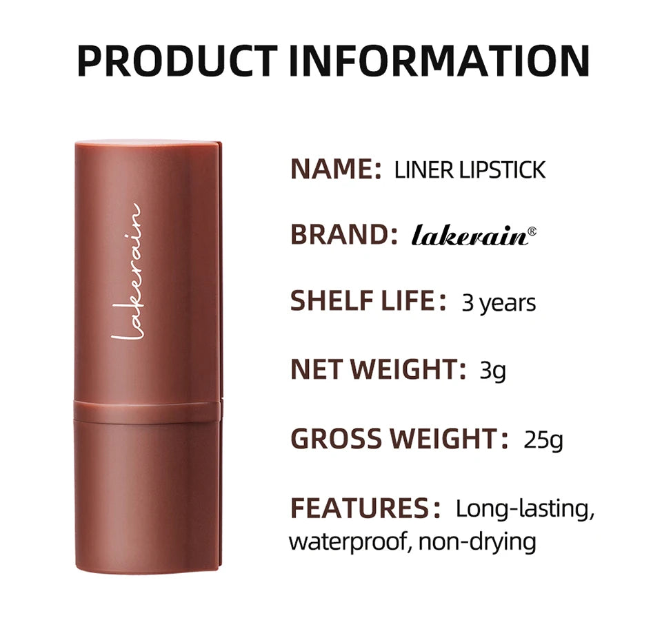 Lakerain red-brown matte lipstick pen. Long-lasting, waterproof gradient lip liner in a sleek, neutral tube.