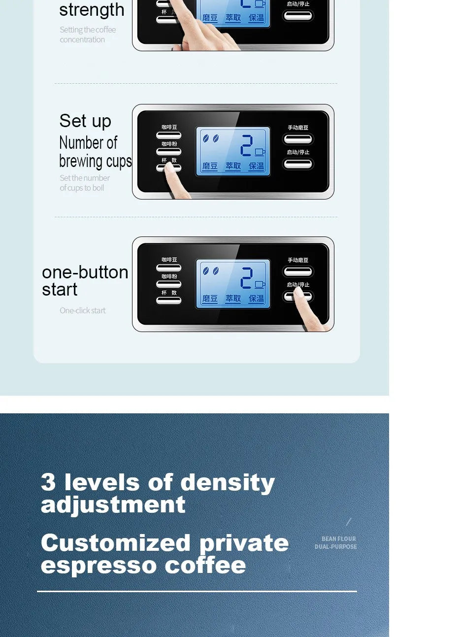 Digital control panel of a black automatic espresso coffee maker with strength and cup settings for custom brewing.