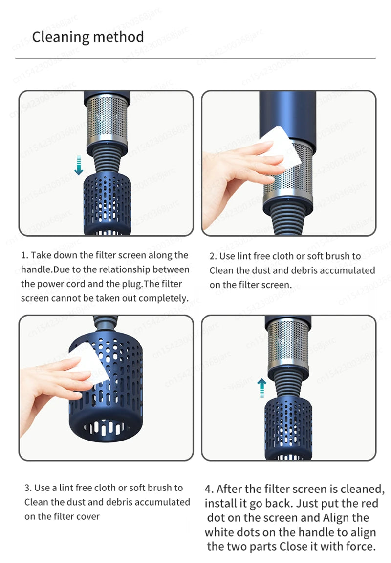 Cleaning guide for blue negative ion professional hair dryer showing how to remove and wipe the air intake filter.