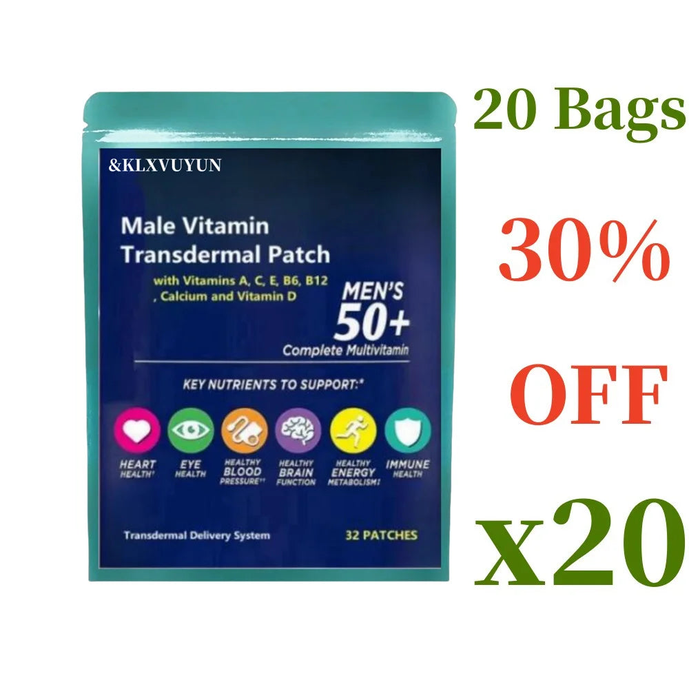Men's 50+multi vitamin transdermal patch, containing vitamins A, B6, B12, zinc, calcium, and vitamin D for men's multi vitamins