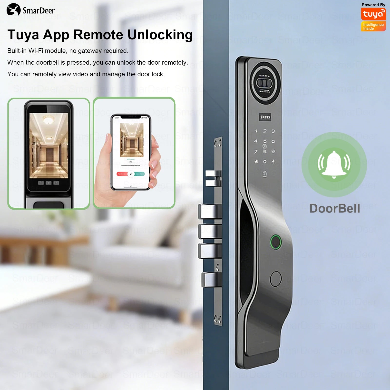 3D Facial Recognition Smart Door Lock with Video Doorbell Camera, Tuya WiFi Fingerprint Password Keyless Security Lock