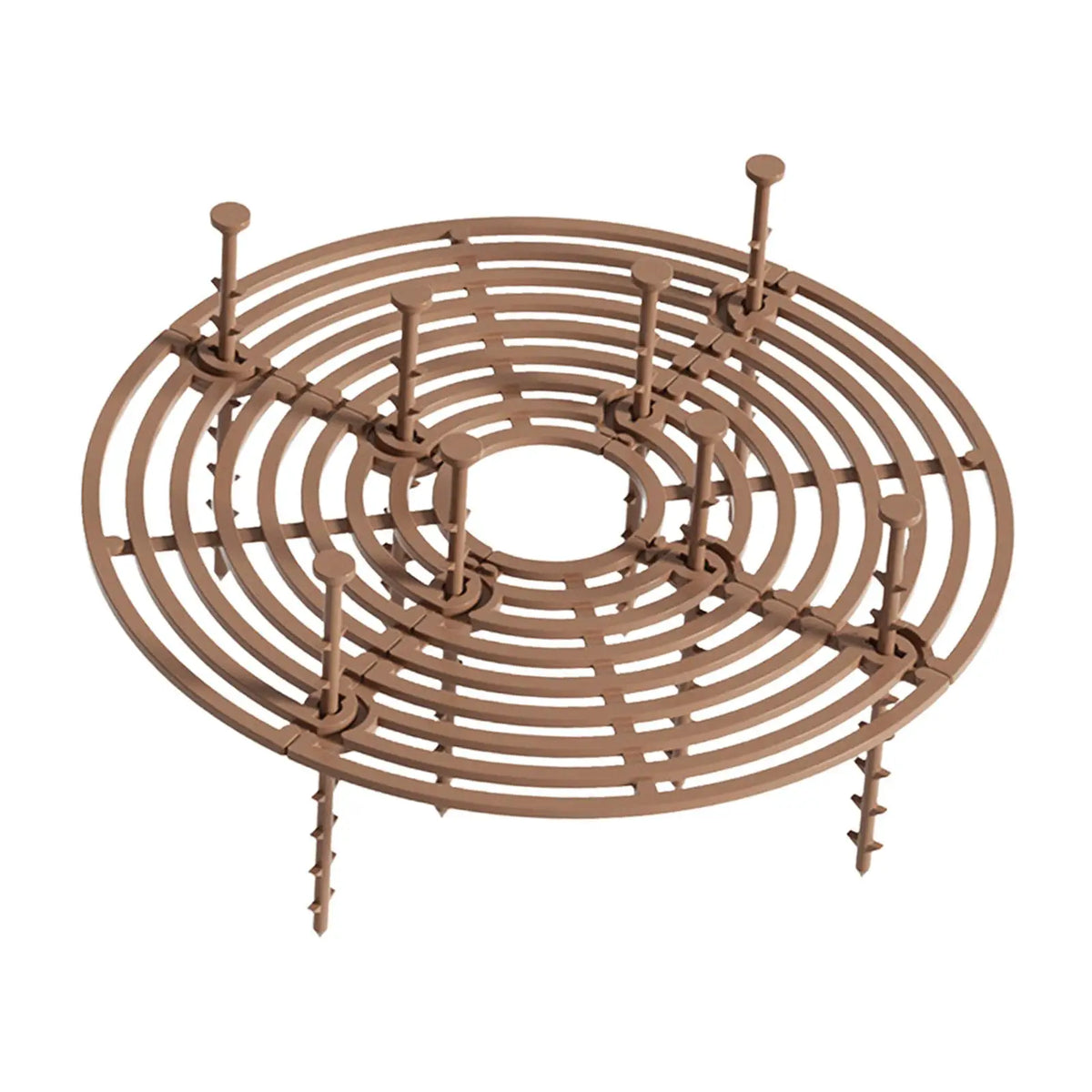 Coffee-brown round garden soil guard with hoop grid and central pot opening