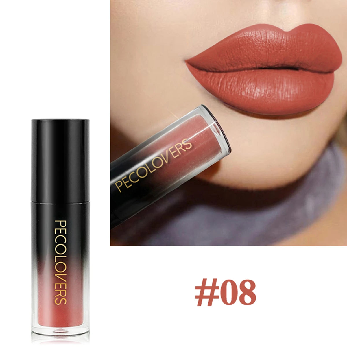 Long-lasting, waterproof velvet liquid lipstick #08 in a warm terracotta shade with a matte finish.