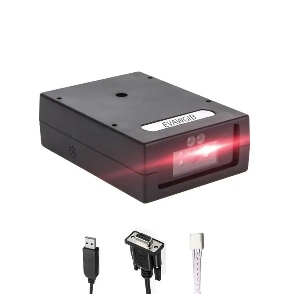 Black barcode scanning module with top label, LEDs, and connected cables