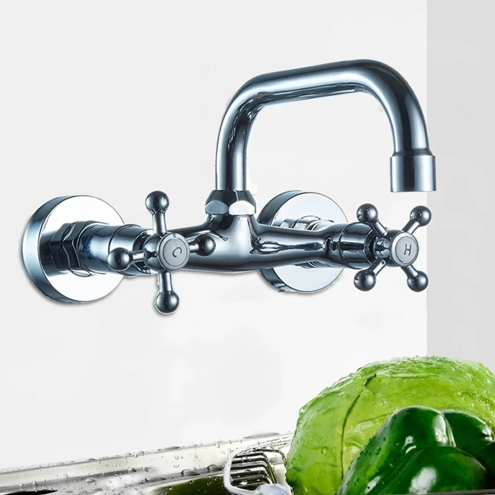 Modern Brass Bathroom Faucet, Wall Mount Two-handle Washbasin Mixer Tap, for Kitchen, Bathroom, Laundry, Garden, Silver