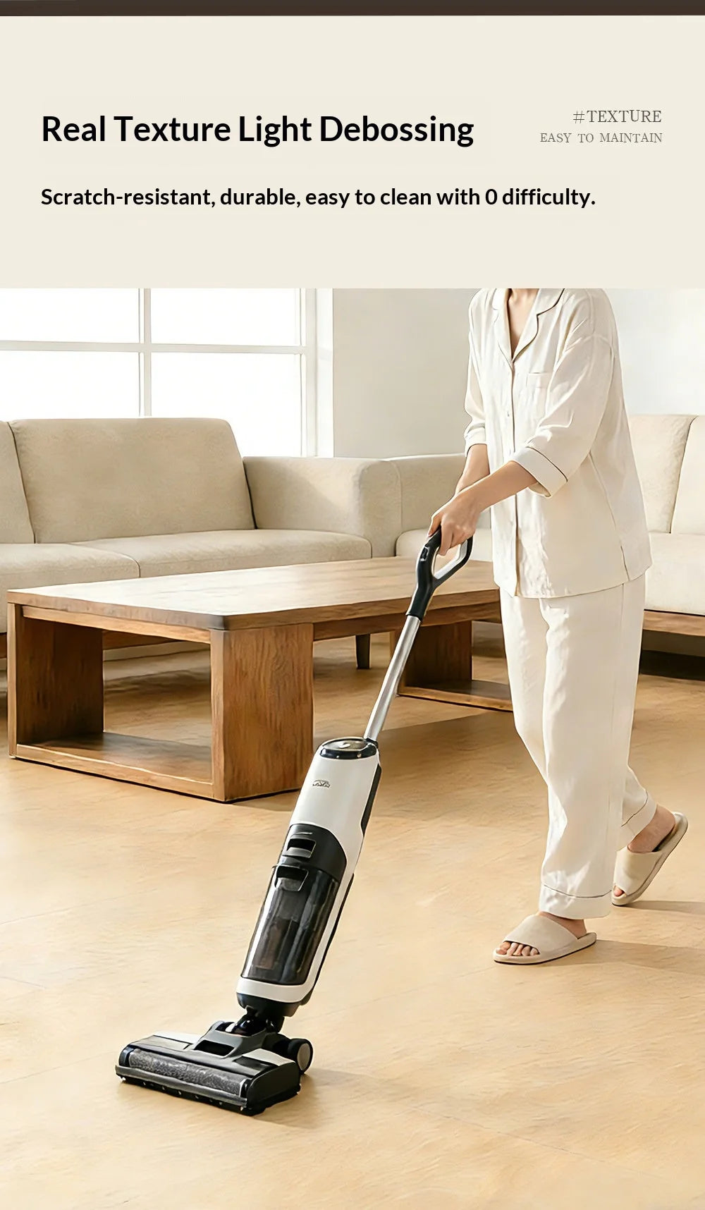 Light wood-look SPC click flooring being vacuumed for easy cleaning
